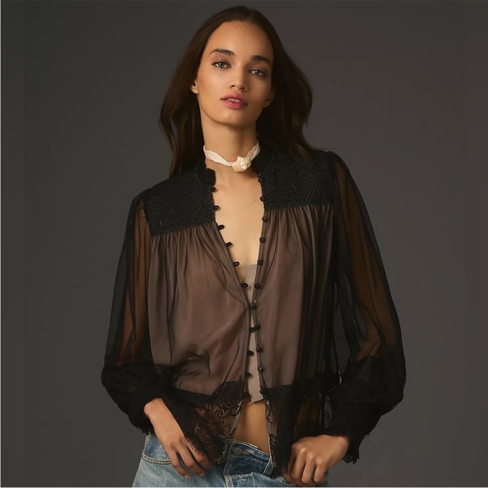 Anthropologie Sheer Black Lace Button-Up Blouse
